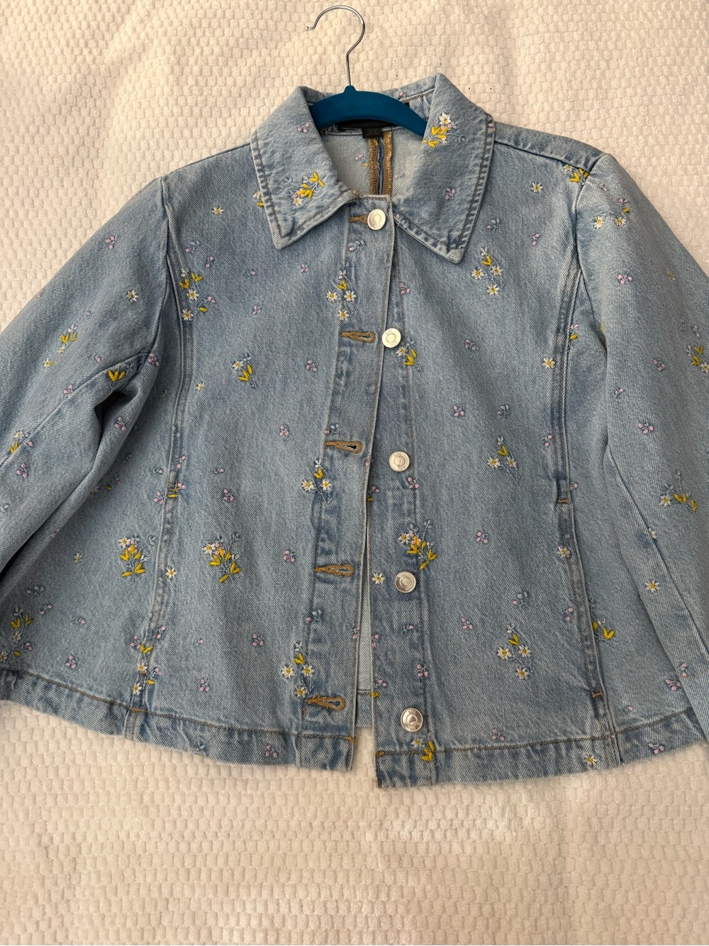 Zara Light Blue Embroidered Denim Jacket with Yellow & Lavender Flowers